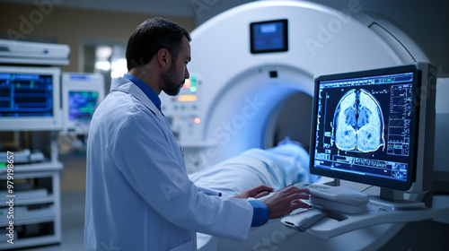 A medical technician operating an advanced mri scanner in a hospital