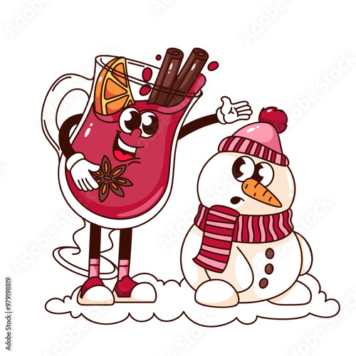 Groovy cup of mulled wine and snowman cartoon characters. Funny retro happy hot warming drink glass cup talking to snow friend. Winter mascot, cartoon sticker of 70s 80s style vector illustration