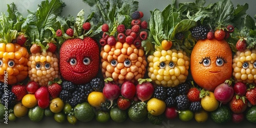 A dynamic urban world where animated fruits and vegetables with eyes bring joy and excitement to city life