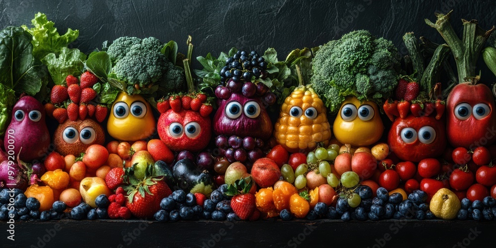 A dynamic urban world where animated fruits and vegetables with eyes create a lively and whimsical setting A dynamic urban world where animated fruits and vegetables with eyes create a lively and whimsical setting