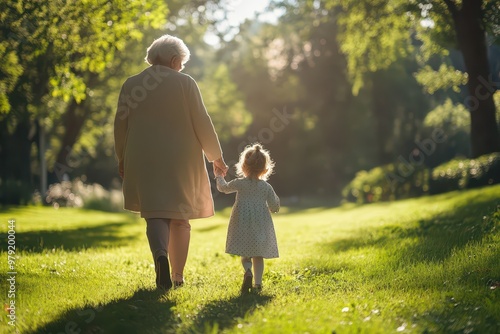 Fototapeta Naklejka Na Ścianę i Meble -  An elderly grandmother walks with her granddaughter in a green park on a sunny day and holds her hand