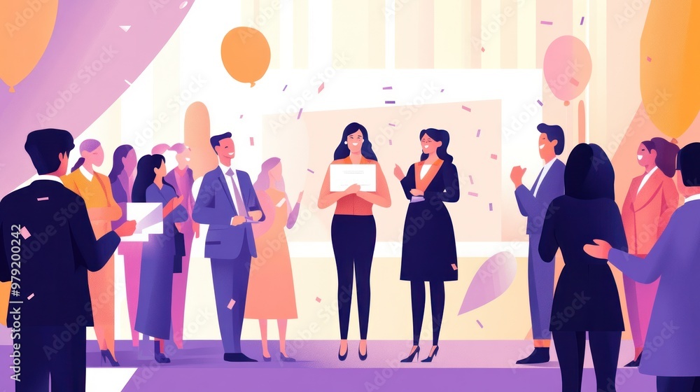 A group of business leaders congratulating a successful female entrepreneur during an award celebration, with a large banner behind them highlighting the event's importance A group of business leaders congratulating a successful female entrepreneur during an award celebration, with a large banner behind them highlighting the event's importance