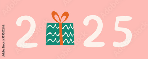 2025 greeting banner. Gift box. New Year invitation