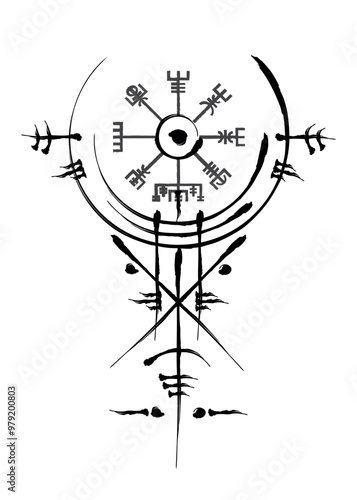 Hand drawn Vegvisir ancient navigation compass. Old Magic sign Celtic art deco. The Vikings used many symbols in accordance to Norse mythology, widely used in Viking society. Esoteric Wiccan Logo icon