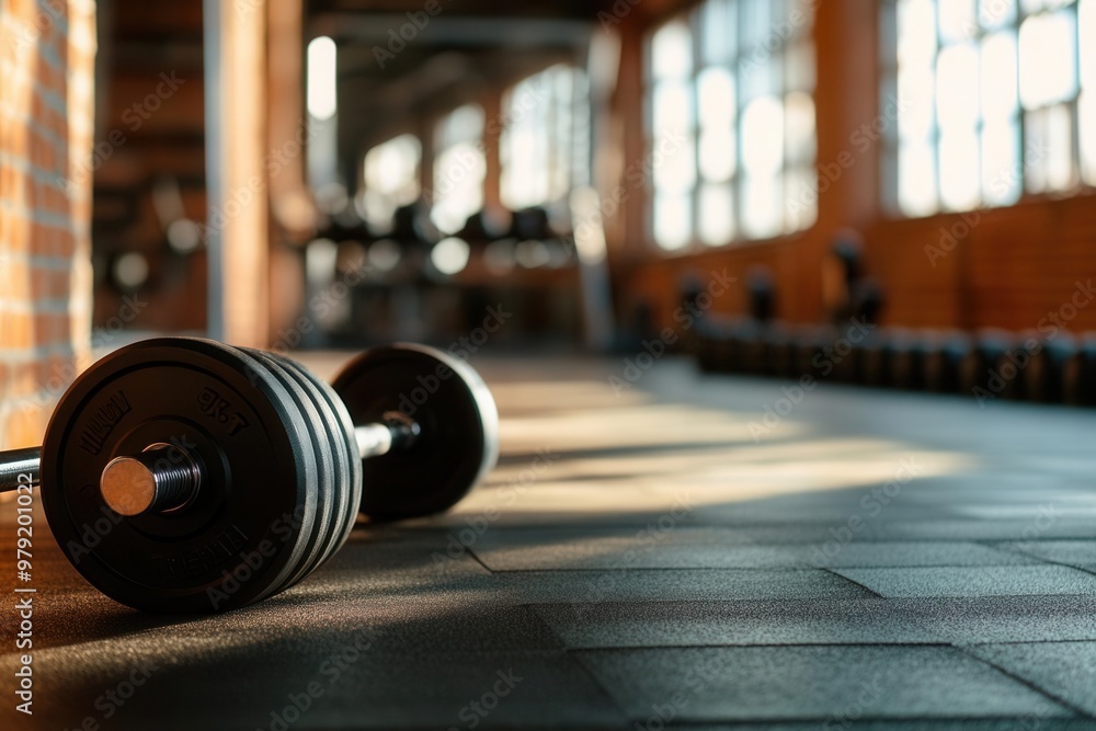Close-up of a dumbbell resting on gym floor, capturing the essence of fitness and strength training in a well-lit gym environment. Close-up of a dumbbell resting on gym floor, capturing the essence of fitness and strength training in a well-lit gym environment.