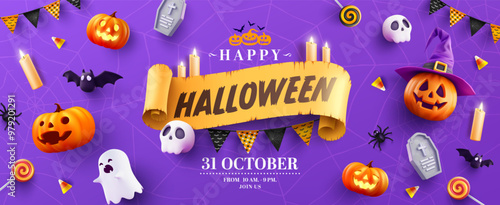 Halloween Promotion Poster or banner template with halloween pumpkin,Witch Hat,Ghosts,bats, skulls,candy,candles and festive decorations.Perfect for halloween Trick or Treat,Website spooky or banner