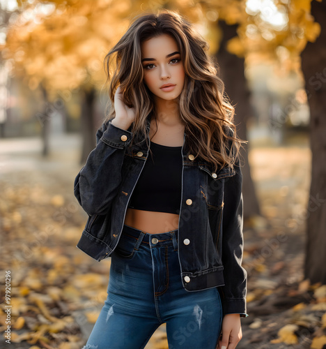 portrait of a brunette girl model in autumn city posing in jeans jacket; urban park background; copy space