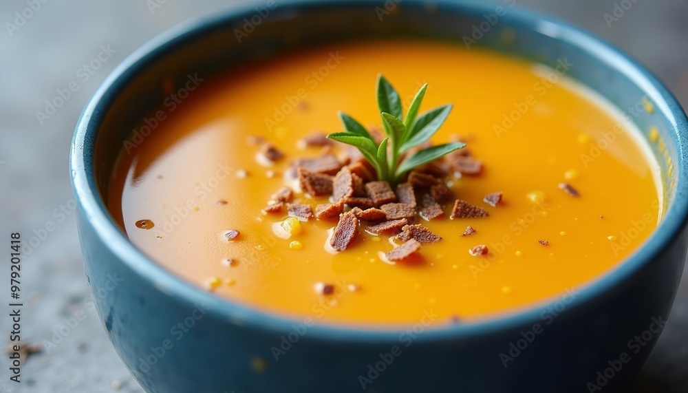Deliciously creamy soup garnished with crunchy croutons and a sprig of fresh parsley Deliciously creamy soup garnished with crunchy croutons and a sprig of fresh parsley
