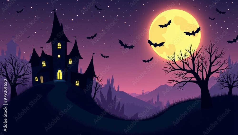 Enchanted Halloween night with bats and moon Enchanted Halloween night with bats and moon