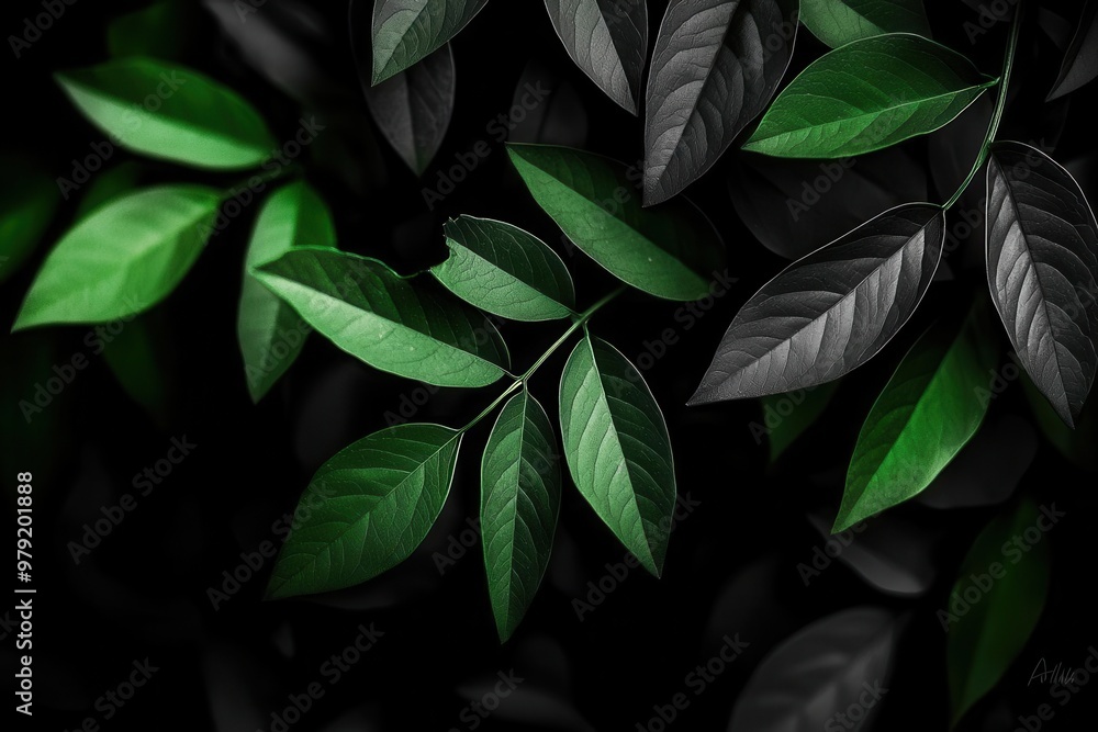 Fototapeta premium Elegant close-up of lush green and dark leaves, showcasing nature's beauty and vibrant colors against a contrasting background.