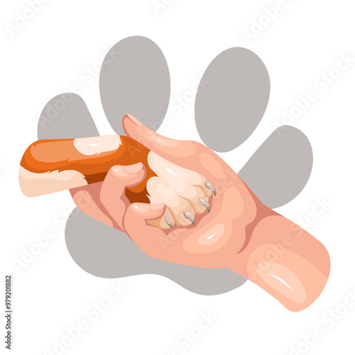 Human hand holding paw of cat or dog inside animal cartoon footprint. Funny cute animal giving foot with trust. Veterinary support, shelter mascot, cartoon man and pet friends vector illustration
