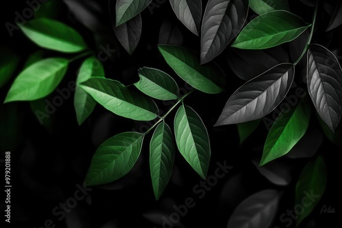 Elegant close-up of lush green and dark leaves, showcasing nature's beauty and vibrant colors against a contrasting background.