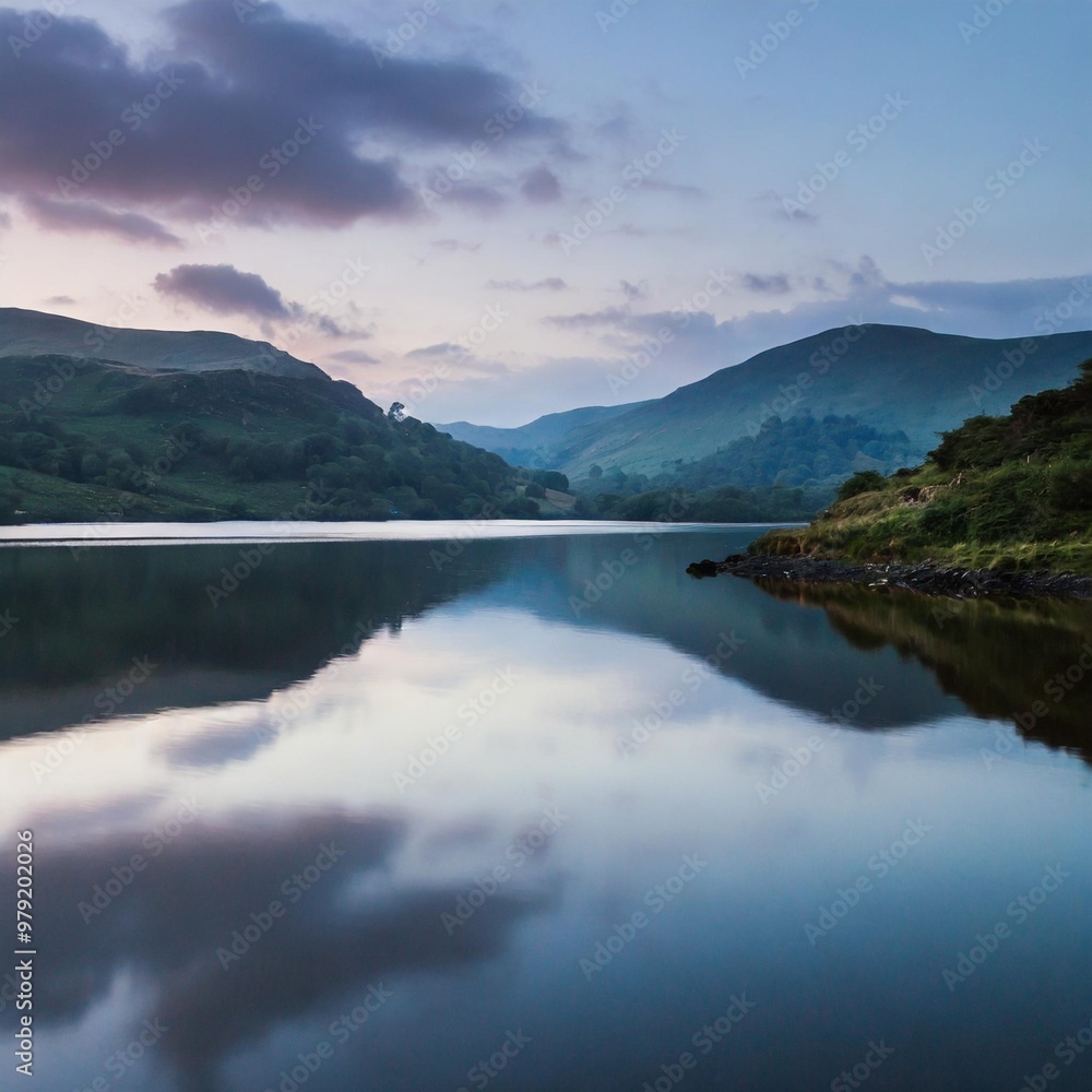 Twilight Over a Serene Lake, Casting a Dreamy Reflection of the Surrounding Hills Twilight Over a Serene Lake, Casting a Dreamy Reflection of the Surrounding Hills