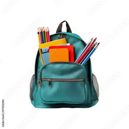 Red backpack filled with school supplies. Suitable for back to school promotions, educational content, and marketing materials for students and teachers. Generative AI