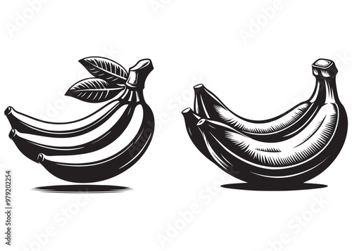 banana vector silhouette, silhouette banana fruit, banana fruit with leaf flat vector logo icon, silhouette banana fruit black color, banana logo icon vector isolated illustration.