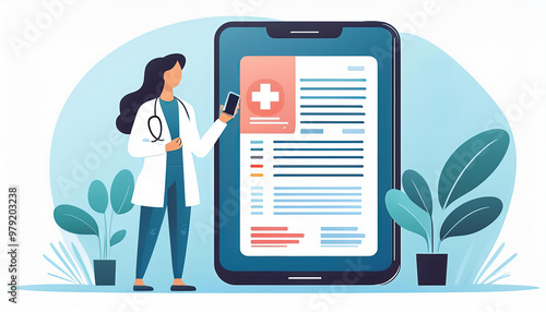A healthcare professional reviews electronic medical records, illustration generated AI