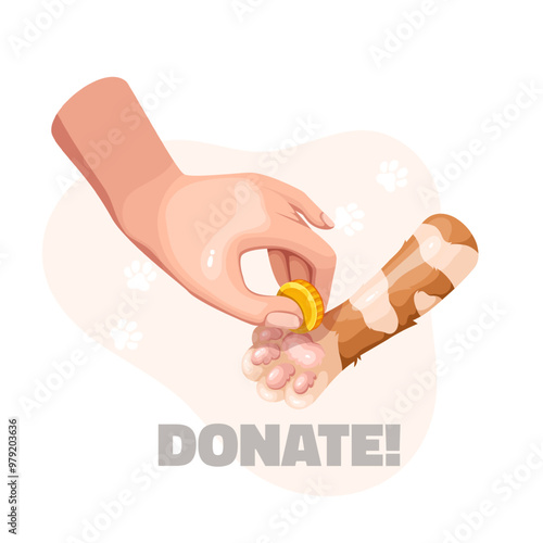 Human cartoon hand giving gold coin to cats paw, motivation text Donate. Poster calling to donate to fundraising charity, animal shelter. Veterinary mascot, cartoon sponsors help vector illustration