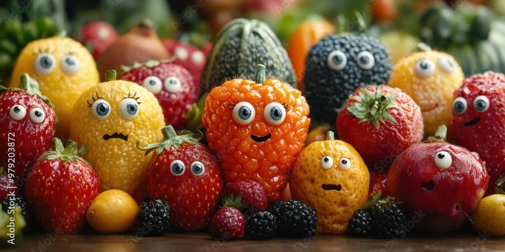 A lively city where every street corner features playful fruits and veggies creating a vibrant and magical space A lively city where every street corner features playful fruits and veggies creating a vibrant and magical space