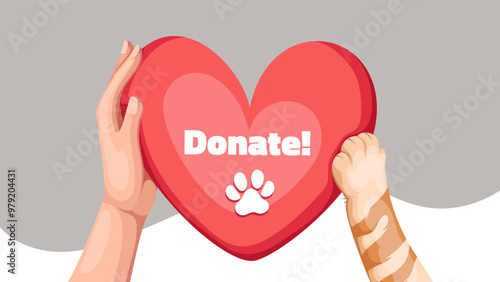Cats cartoon paw and human hand holding red heart with motivation text Donate. Funny banner design for volunteers fundraising organization, donation to dog and cat shelter cartoon vector illustration