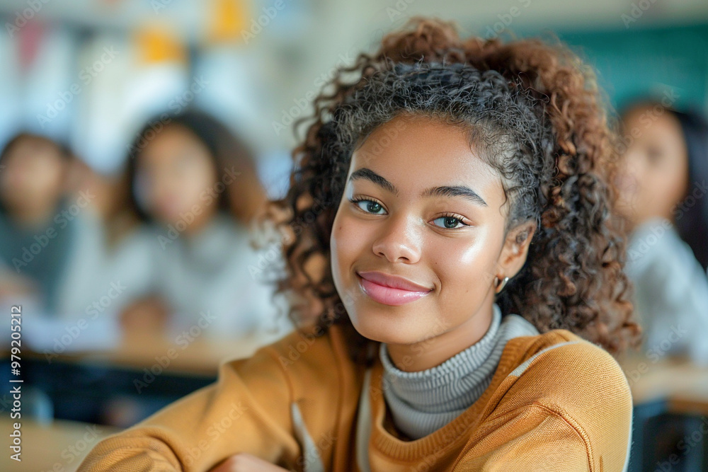 African American teenage girl sitting in class at her desk at school, happy while learning, collaborating with peers in a lively academic setting. African American teenage girl sitting in class at her desk at school, happy while learning, collaborating with peers in a lively academic setting.