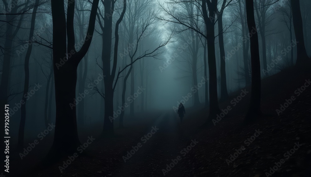 Fototapeta premium Lone hiker braves the misty forest path