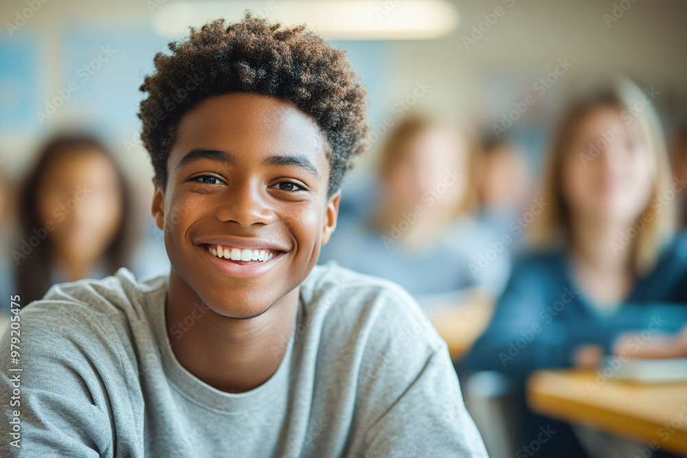African American teenage boy in school class sitting at a desk, cheerful student engaged in learning, happy male student in education. African American teenage boy in school class sitting at a desk, cheerful student engaged in learning, happy male student in education.