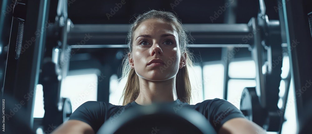 Fototapeta premium Woman powerlifting in a hightech gym, concentrated effort, advanced equipment, modern fitness gear, fitness training, woman, power and precision