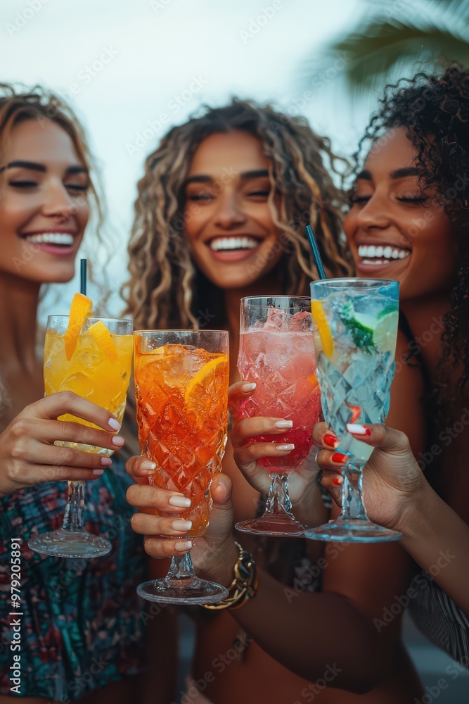 Group of friends joyfully toasting with colorful cocktails at a summer outdoor gathering, celebrating friendship and happiness Group of friends joyfully toasting with colorful cocktails at a summer outdoor gathering, celebrating friendship and happiness