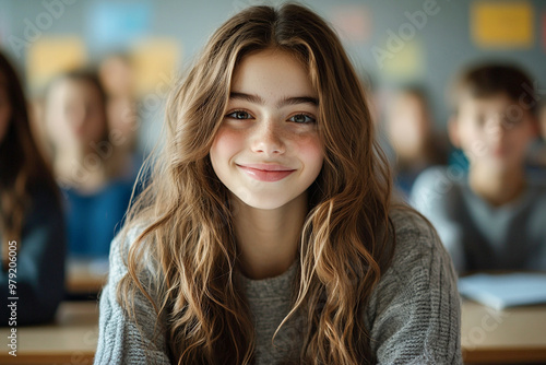 Wallpaper Mural Teenage girl in a school classroom sitting at her desk during a lesson, focused on her schoolwork and learning, enjoying the academic experience and youth culture. Torontodigital.ca