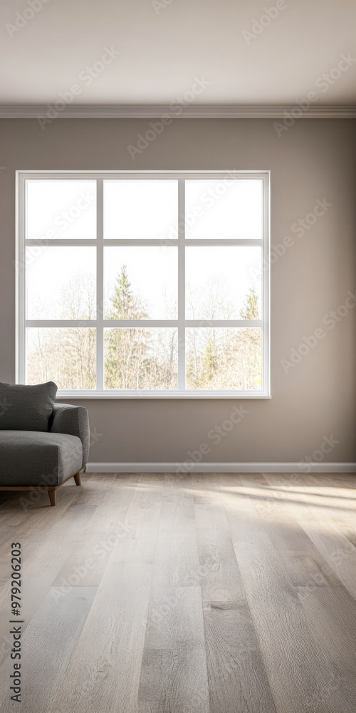 Fototapeta premium Bright and airy living room with large window showcasing nature outside during daytime