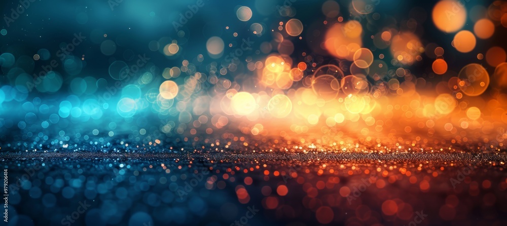 Naklejka premium Abstract Blue and Orange Bokeh Lights Background with Glittering Sparkles on Dark Surface