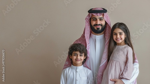 Arab Saudi father with son and daughter, happy arbaia family