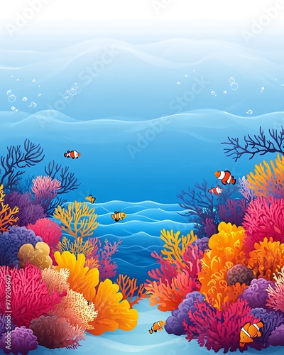 Fototapeta Naklejka Na Ścianę i Meble -  Colorful coral reef with clownfish swimming in a blue ocean.