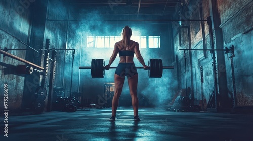 Confident woman performing a deadlift with heavy weights in an industrial gym, metal bars and rugged walls, fitness training, woman, strength and focus photo