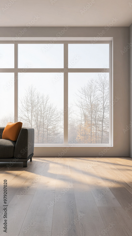 Fototapeta premium Modern living room with a stylish couch and large windows showcasing a tranquil outdoor view during the day