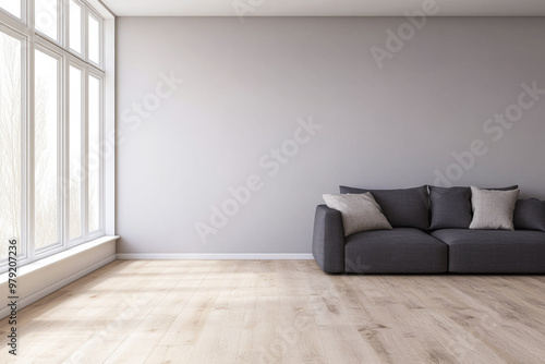 Modern living room with a grey sofa and large windows showcasing natural light in a minimalist home design