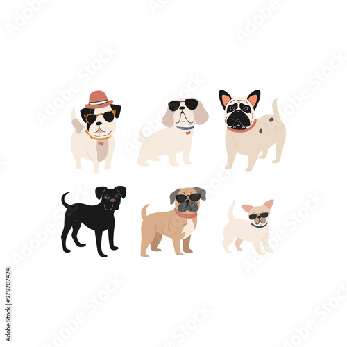 Hand drawn vector set of cute funny various dogs design illustration