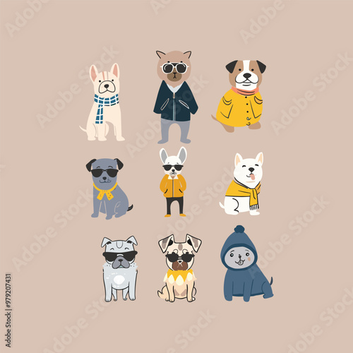 Hand drawn vector set of cute funny various dogs design illustration
