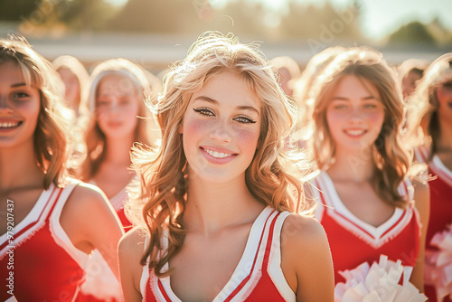 Happy teenagers cheerleaders at a school stadium training, motivation and team spirit on field, cheer performances for homecoming event.