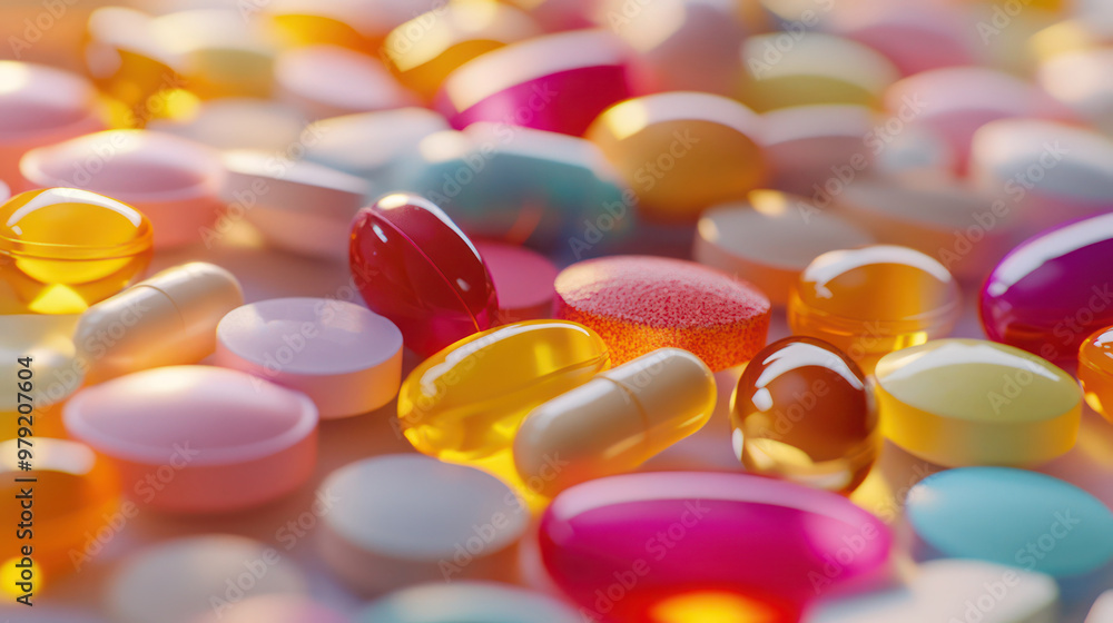 Close up view of various pills and tablets background with the detailed texture view, medicine advertising background Close up view of various pills and tablets background with the detailed texture view, medicine advertising background