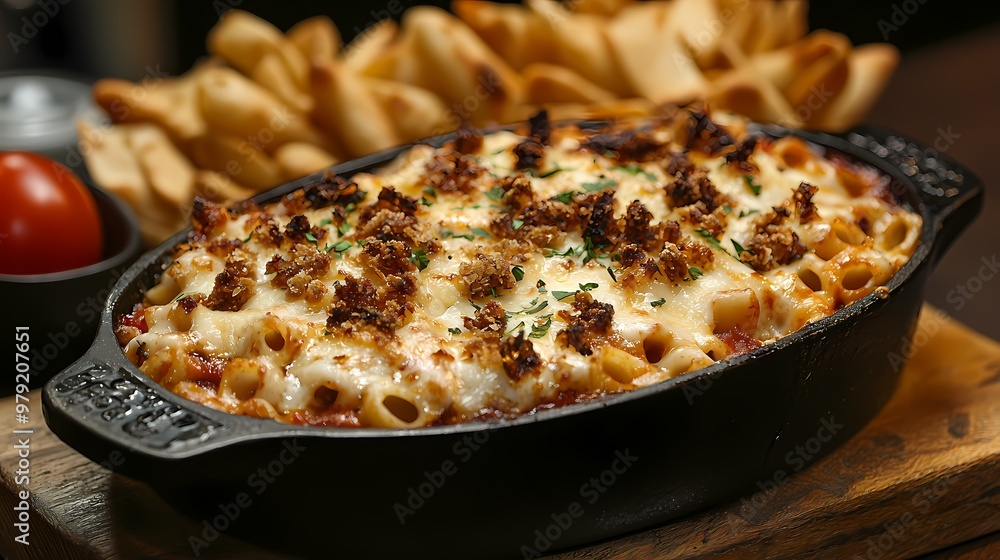 Baked pasta dish topped with cheese and breadcrumbs, served with fresh tomato and breadsticks. Baked pasta dish topped with cheese and breadcrumbs, served with fresh tomato and breadsticks.