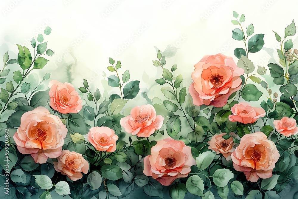 Obraz premium Delicate watercolor roses with lush green foliage
