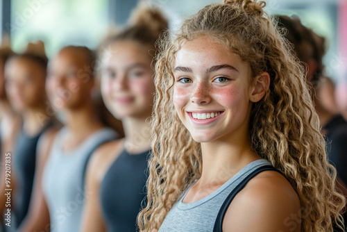 Teenagers in a gym during a physical education lesson, adolescents in casual attire during workout, students embracing diversity and physical activity.