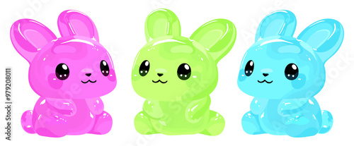 Bright gummy rabbits. Jelly rabbit fruit gummies. Jelly candies. Vector isolated illustration