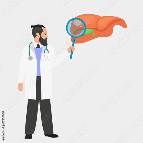 Biliary dyskinesia, hepatitis or cirrhosis of the liver is a gastroenterological disease. Gastroenterologist with a magnifying glass, diagnosing the liver and gall bladder. Flat vector illustration.	