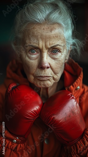 Elderly woman boxing, focused expression, gym setting, closeup, determined and strong