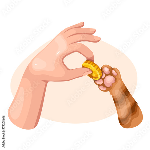 Human hand giving money to cartoon cats paw. Fingers holding gold coin to donate to animal. Donation to shelter, money support mascot, cartoon fundraisers and volunteers gesture vector illustration
