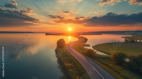 Close up view of the lake and road at sunset. Ai generated image