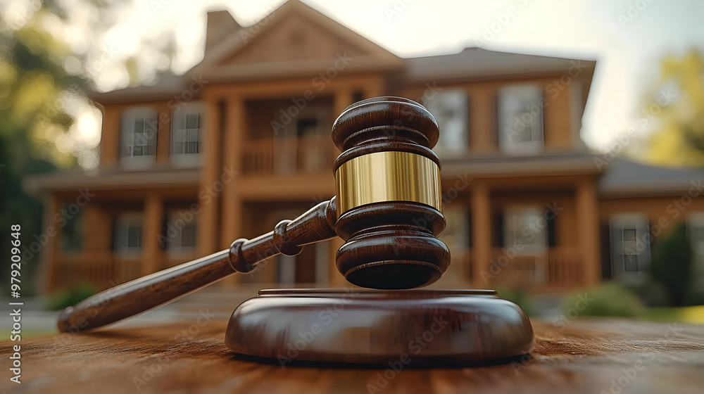 Realistic Image of a Real Estate Auction Gavel and House Realistic Image of a Real Estate Auction Gavel and House