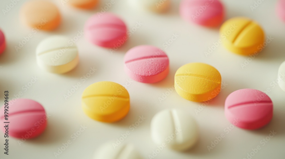 Close up view of various pills and tablets background with the detailed texture view, medicine advertising background Close up view of various pills and tablets background with the detailed texture view, medicine advertising background